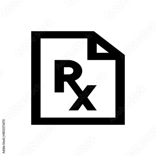 Black rx prescription document icon with folded corner representing medical information and healthcare
