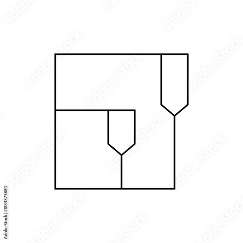 Illustration of a square shape containing two smaller stylized shapes with pointed ends and straight lines