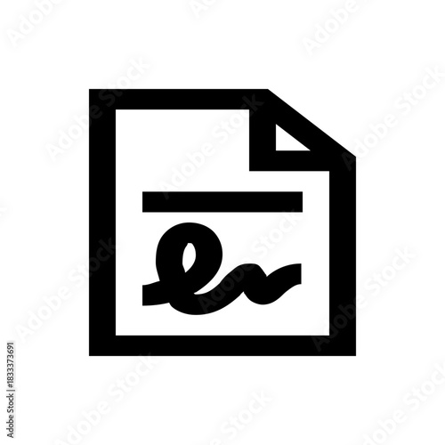 A document with a signature and a line on it, presented as a black icon with a folded corner design element