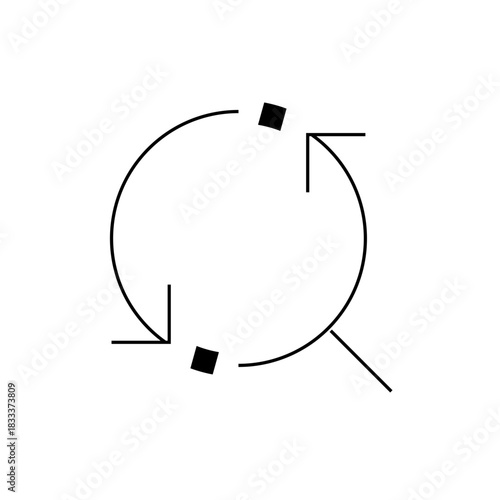 A schematic representation featuring a circular arrow design with square markers and directional lines extending out