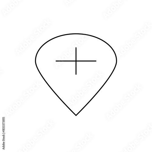 A simple black outline of a location pin with a plus sign inside the pin on a white background image