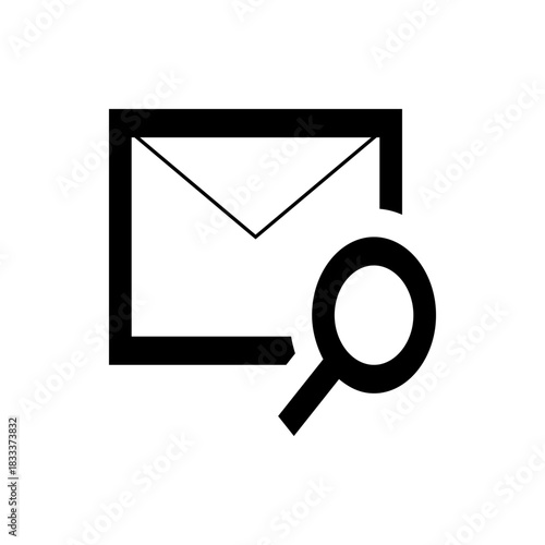 An illustration showing a black outlined envelope icon with a magnifying glass search icon next to it