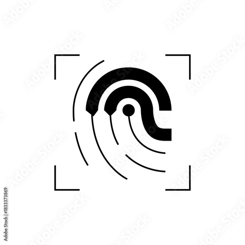 Stylized fingerprint icon with a square frame around it in black and white minimalist design style