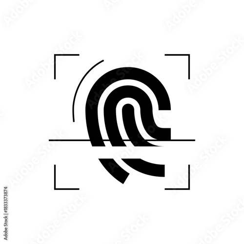 Black fingerprint icon with scanning frame and horizontal line on a white background image design