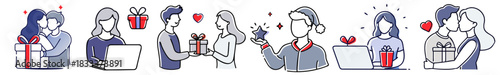 Loving pairs celebrating Christmas holidays, exchanging gifts, and expressing affection in a collection of romantic illustrations
