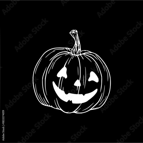 A white line drawing of a jack o lantern with a happy face on a black background for halloween season