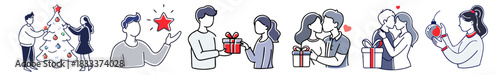 Loving pairs celebrating Christmas holidays, exchanging gifts, and expressing affection in a collection of romantic illustrations