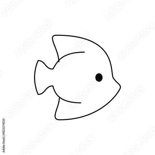 A simple line drawing of a fish with a round body, fins, and a single black eye, isolated on white