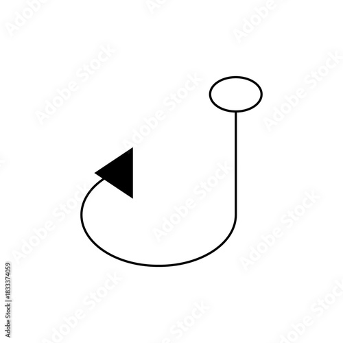 A simple graphic illustration of a black arrow pointing left connected to a line with a circle on top