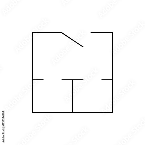 Minimalist floor plan illustration featuring a square outline with interior wall divisions and an angled corner