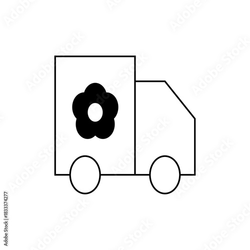 A simple black and white line drawing of a delivery truck with a flower on the side panel design