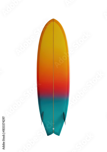 highly polished, retro twin-fin surfboard with a yellow-to-teal chromatic gradient, standing vertically against a pure white studio background with maximum copy space. concept for premium sporting