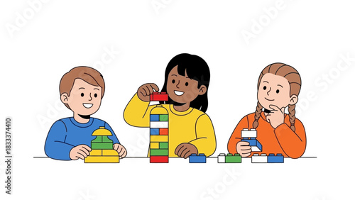 Children building towers with colorful blocks together.