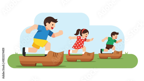 Children and adult running in giant shoes obstacle race.