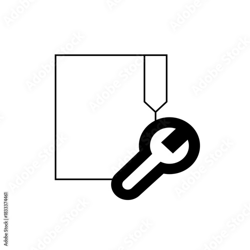 Illustration of a square shape with a vertical line and a wrench icon in black and white design style