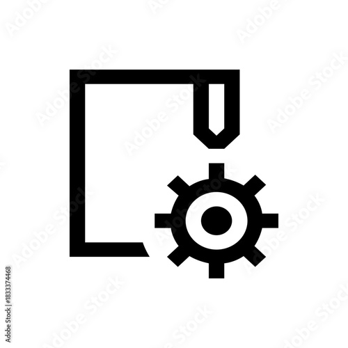 Icon of a three d printer with a gear next to it in black and white on a plain white background