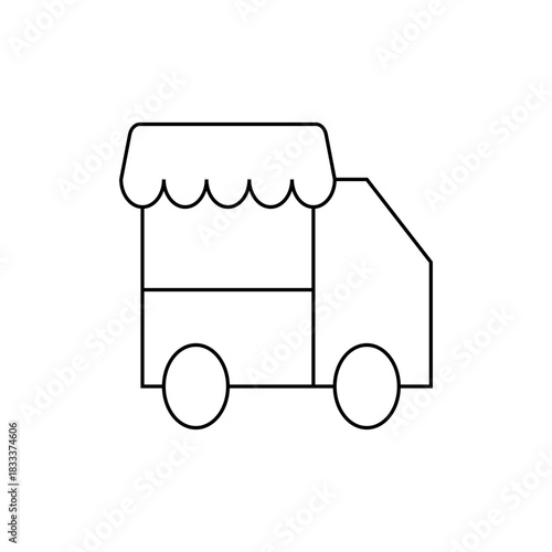Illustration of a simple food truck outline with a wavy awning and two wheels in a minimalist style