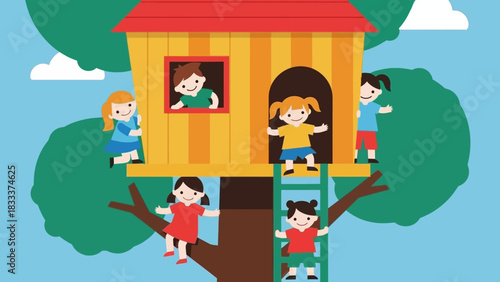 Children playing in a treehouse illustration.