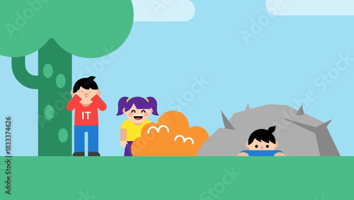 Children playing hide and seek outdoors in a park.