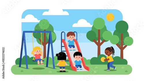 Children playing happily on a vibrant outdoor playground with slides and swings.
