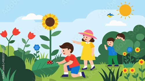 Children playing in a vibrant garden with sunflowers and ladybugs under a sunny sky.