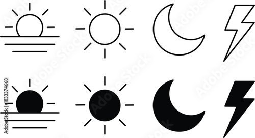 Daily Weather Forecast Icons Simple Sun Moon Lightning Outline Set Vector Silhouette and Pictogram..eps