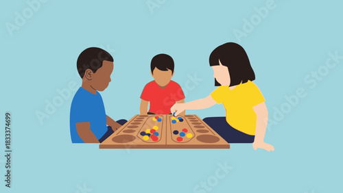 Children playing Mancala board game together indoors.