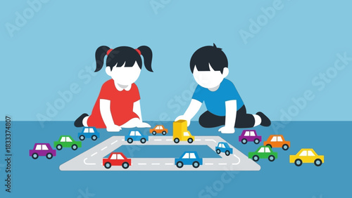 Children playing with toy cars on a road mat.