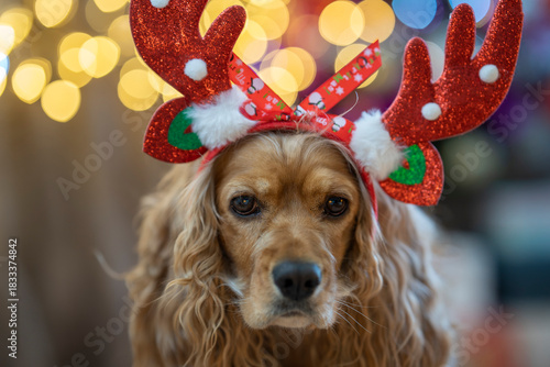 A dog with a reindeer antler headband 