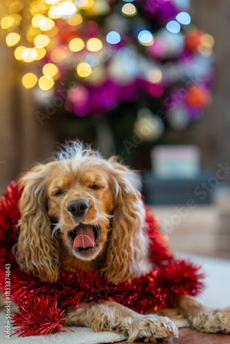 A cute dog lying in front of a New Year tree and yawning.