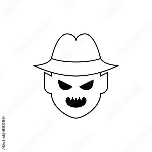 Stylized cartoon of a menacing figure wearing a fedora hat with sharp teeth and angry eyes outline
