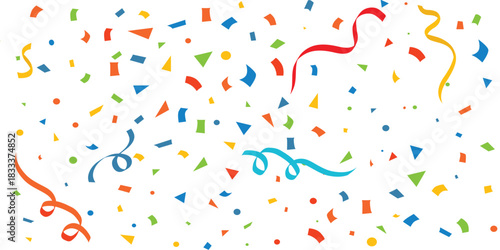 Colorful confetti and streamers falling on white background, Colorful confetti celebration background, Anniversary celebration banner. Bright festive tinsel. Birthday party backdrop.