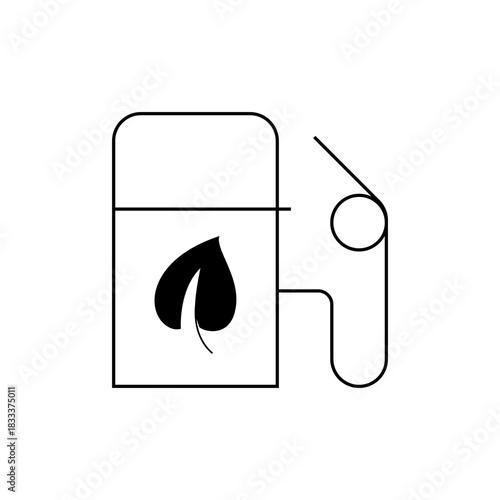 Illustration of a biofuel pump with a leaf symbol, presented in a minimalist black and white style.