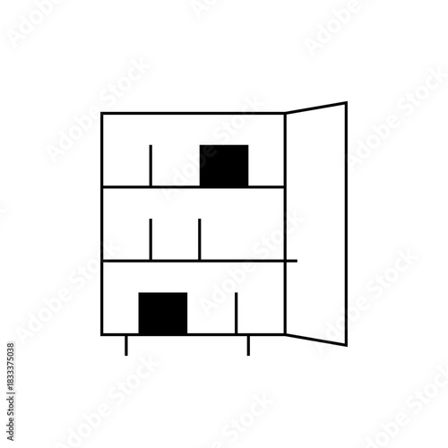 Illustration of a simple cabinet with three shelves, an open door, and items placed on the shelves