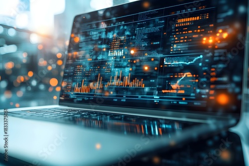 Close up of a modern laptop screen displaying complex financial data charts and graphs with a blurred city skyline background at dusk