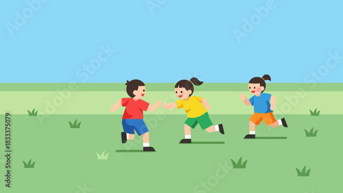Happy children playing tag game outdoors.