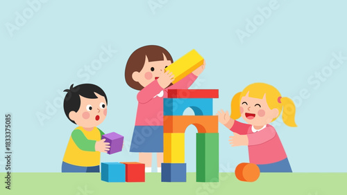 Happy Children Playing with Colorful Building Blocks.