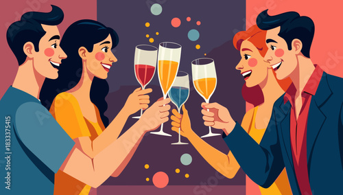 Friends toasting drinks New Year’s Eve group of four people raising colorful glasses in joyful festive celebration atmosphere