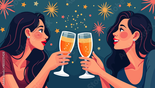 Friends toasting drinks New Year’s Eve two women clinking glasses with sparkling wine against festive fireworks celebration atmosphere
