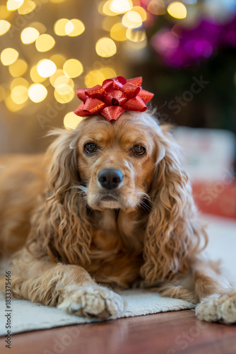 cocker spaniel dog, soft Christmas lights creating a bokeh effect.