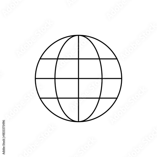 A simple line drawing of a globe with intersecting lines forming a grid pattern on a white background