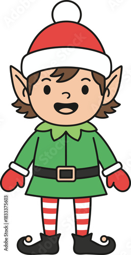 Cheerful Christmas elf in green outfit with pointy ears and hat character happy