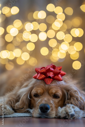 A dog resting in front of a Christmas tree, soft Christmas lights creating a bokeh effect