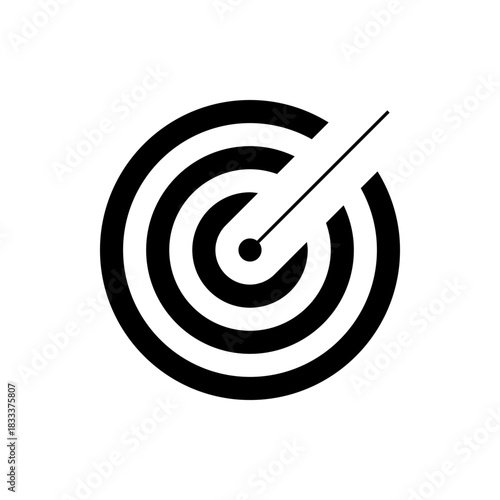 Black and white target like symbol with a line and a dot in the center indicating a precise hit point