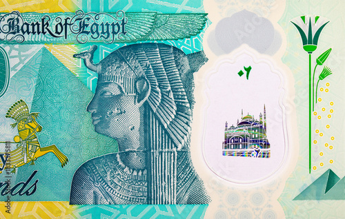 20 Pounds Egypt with a portrait of Queen Cleopatra and the Great Pyramids. National currency of Egypt. Polymer money.
