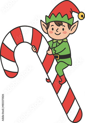 Cute Christmas elf climbing on a giant candy cane sweet treat