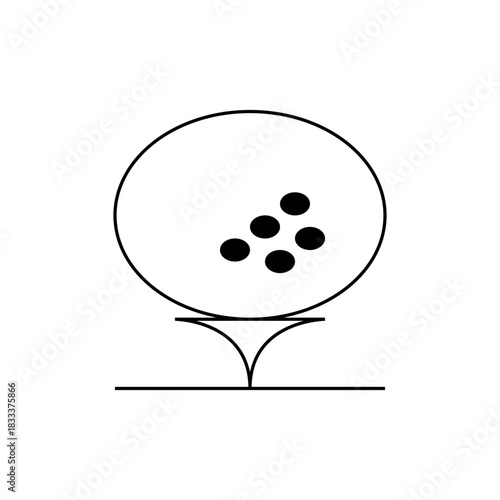 A simple line drawing of a golf ball with dimples on a tee, presented in black and white outline style