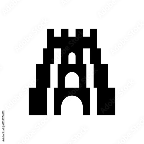 A stylized black and white illustration of a castle with arches and crenellations on a white background