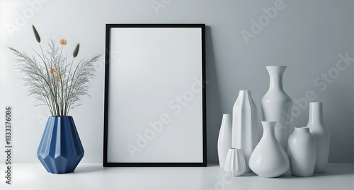 Still life featuring a frame, blue vase, and assortment of white vases 4k video