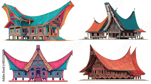 Illustrations of traditional Minangkabau houses featuring dramatic curved roofs, rich colors, and ornate cultural details. Ideal for heritage themes, architecture art, tourism, and cultural design.